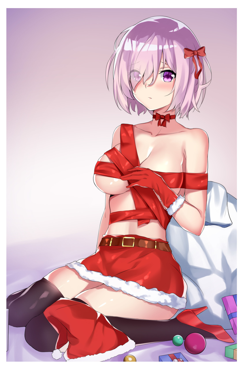 1girl absurdres black_legwear blush bow breasts choker cleavage collarbone eyebrows_visible_through_hair fate/grand_order fate_(series) fur-trimmed_skirt gift_bag hair_bow high_heels highres large_breasts looking_at_viewer lumu_yuanxiang mash_kyrielight miniskirt pink_hair pumps purple_eyes red_bow red_footwear red_ribbon red_skirt ribbon ribbon_choker shiny shiny_hair short_hair sitting skirt solo thighhighs underboob wariza zettai_ryouiki