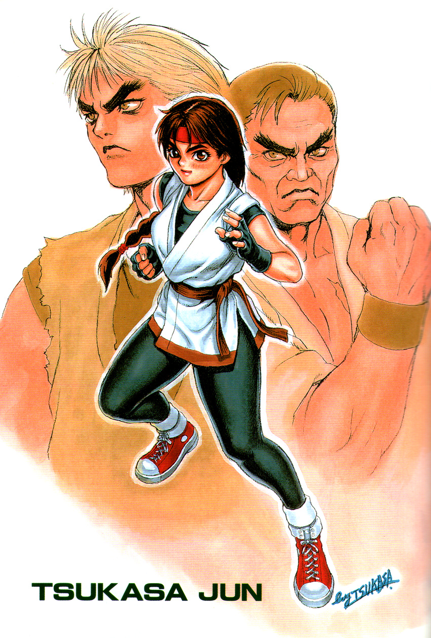 &gt;:&lt; &gt;:) 2boys 90s absurdres artist_name bangs belt big_eyes blonde_hair braid breasts brother_and_sister brown_eyes brown_hair clenched_hand closed_mouth dougi eyebrows family father_and_daughter father_and_son fighting_stance fingerless_gloves fingernails full_body gloves headband highres lips long_hair looking_at_viewer looking_to_the_side medium_breasts medium_hair multiple_boys oldschool pants pectorals red_belt red_headband ryou_sakazaki ryuuko_no_ken scan scan_artifacts shirt shoelaces shoes short_hair siblings signature single_braid sleeveless sneakers spandex takuma_sakazaki the_king_of_fighters tight tight_pants torn_clothes torn_sleeves tsukasa_jun upper_body v-shaped_eyebrows wristband yuri_sakazaki