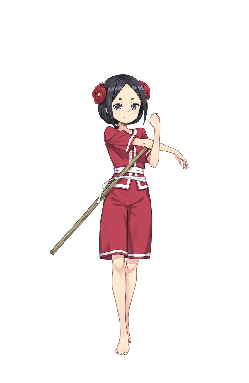 barefoot black_eyes black_hair flower full_body hair_flower hair_ornament highres looking_at_viewer makaria official_art princess_principal princess_principal_game_of_mission short_hair smile solo standing stick stretch toudou_chise transparent_background