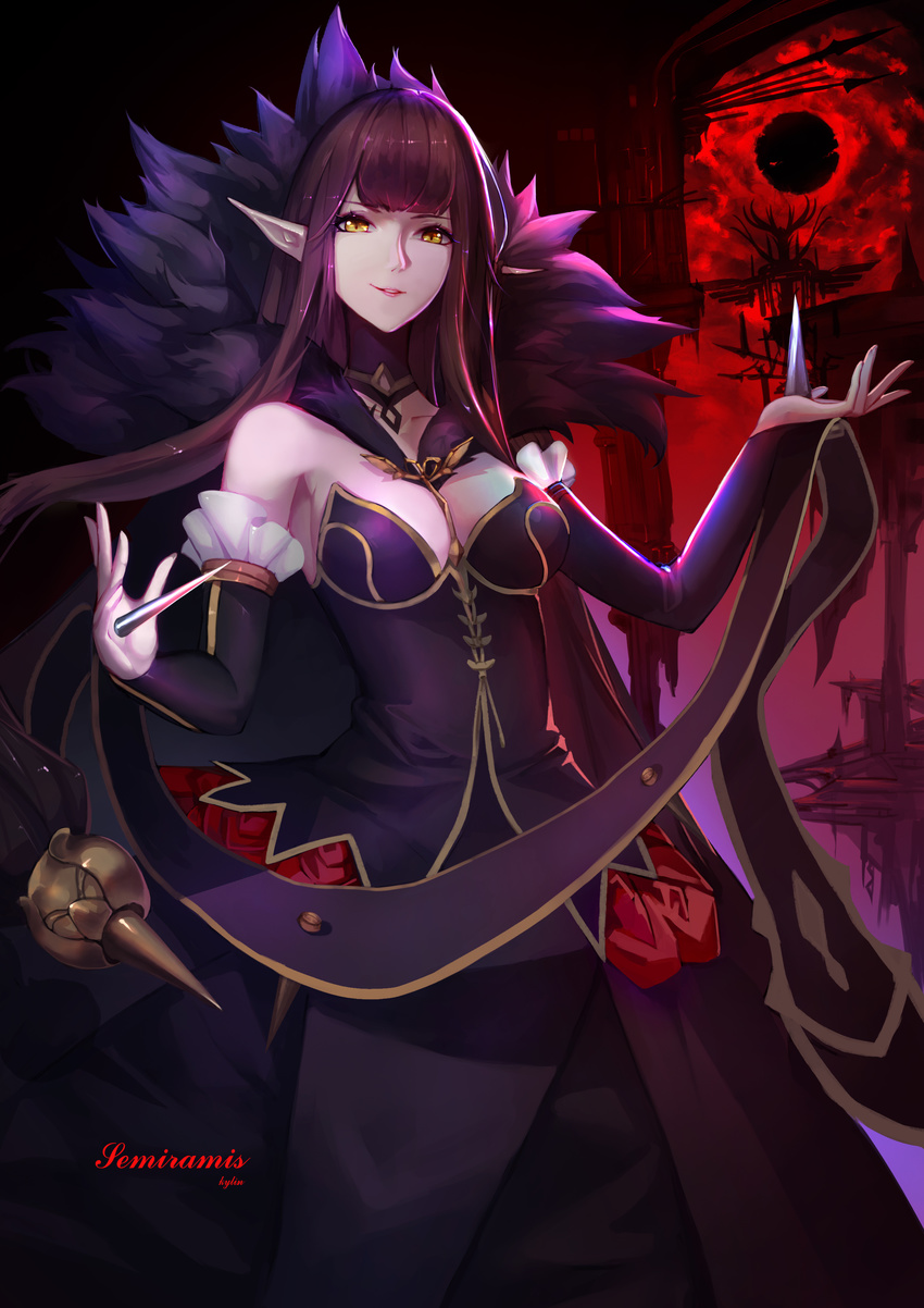 absurdres bare_shoulders black_dress breasts character_name cleavage cowboy_shot detached_sleeves dress fate/grand_order fate_(series) fur_collar highres long_dress long_hair looking_at_viewer medium_breasts pointy_ears purple_hair semiramis_(fate) smile standing w_arms yellow_eyes yun_lin