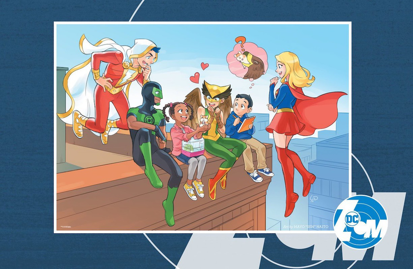 3girls artist_name billy_batson bird black_hair blonde_hair blue_sky bodysuit boots braid brown_hair cape city commentary dc_comics eating floating green_lantern hamster hawk hawkgirl heart hood hooded_cape imagining mask multiple_boys multiple_girls official_art promotional_art rooftop sen_(sen69) shazam sketchbook skirt sky smile supergirl thigh_boots thighhighs thought_bubble twin_braids