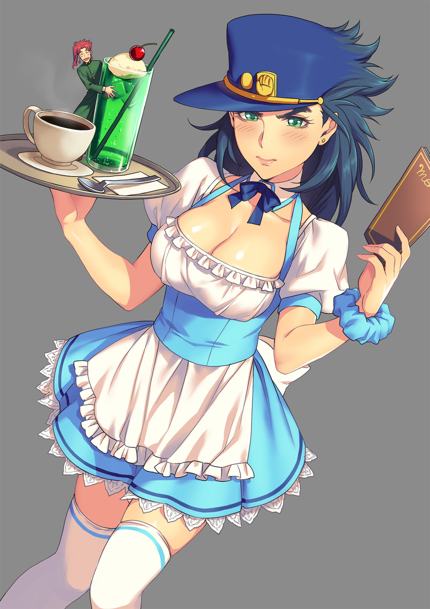 1girl :d alternate_costume apron black_hair blue_hair blue_hat blush breasts cherry cherry_earrings cleavage closed_mouth cup drinking_glass drinking_straw dutch_angle earrings embarrassed enmaided food food_themed_earrings fruit genderswap genderswap_(mtf) green_eyes grey_background hat highres holding jewelry jojo_no_kimyou_na_bouken kakyouin_noriaki kotatsu_(g-rough) kuujou_joutarou large_breasts long_hair maid menu miniboy open_mouth peaked_cap puffy_short_sleeves puffy_sleeves red_eyes red_hair short_sleeves simple_background skindentation smile solo_focus spoon standing stardust_crusaders thighhighs tray waist_apron waitress white_legwear zettai_ryouiki