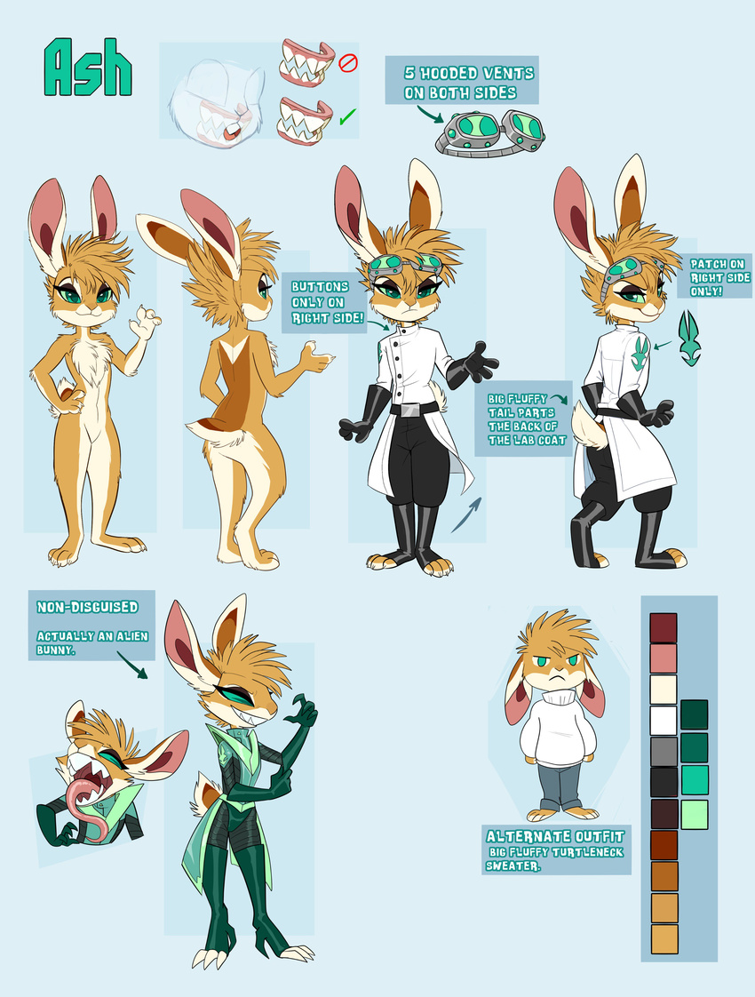 2017 4_toes absurd_res alien angry anthro ash_bunny_(skeleion) belt biped black_clothing blue_background brown_fur brown_hair brown_nose brown_tail bust_portrait butt character_name chest_tuft claws clothing color_swatch costume countershade_arms countershade_face countershade_legs countershade_tail countershade_torso countershading digital_drawing_(artwork) digital_media_(artwork) digitigrade elbow_tufts english_text eyelashes eyewear fangs featureless_crotch female flat_chested fluffy fluffy_tail front_view frown full-length_portrait fur furgonomics gaping_mouth gloves goggles goggles_on_forehead green_clothing green_eyes green_sclera grumpy hair hand_on_hip hi_res horizontal_pupils inner_ear_fluff jacket jaws lab_coat lagomorph leather legwear logo long_tongue mammal model_sheet multicolored_fur multiple_poses nude pants pink_tongue portrait pose rabbit rear_view scientist sharp_teeth short_hair short_tail shoulder_tuft simple_background skeleion slim smile smirk socks solo standing sweater tail_button_bottoms tail_clothing tan_fur tan_tail teeth text toe_claws toeless_socks toes tongue translucent_body tuft turtleneck_sweater two_tone_fur two_tone_tail uniform waving white_claws white_clothing