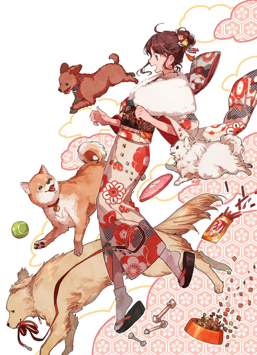 ball bowl brown_eyes brown_hair chinese_zodiac commentary_request dog frisbee highres japanese_clothes kimono original pet_bowl sonomura tennis_ball year_of_the_dog