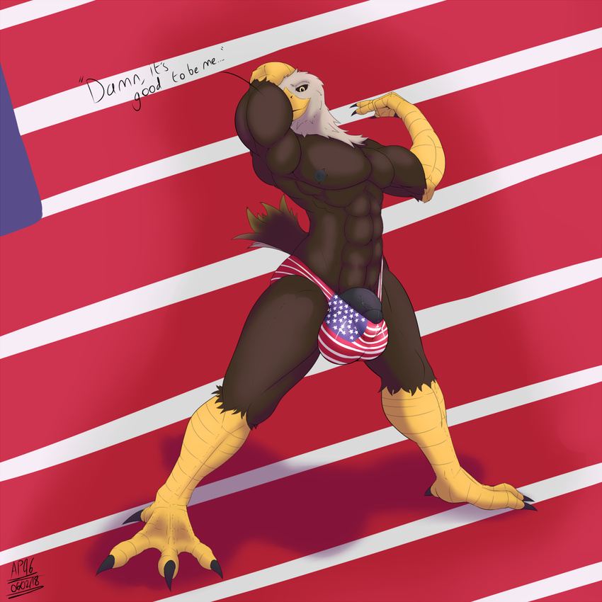 abs angrypotato96 anthro avian barely_contained big_bulge bird bulge clothing eagle humanoid_penis looking_at_viewer male muscular muscular_male penis smile solo standing stars_and_stripes underwear united_states_of_america