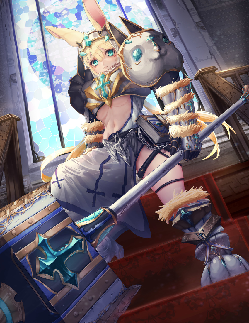 absurdres animal_ears asymmetrical_clothes blonde_hair book boots breasts bunny_ears closed_mouth cross fur_trim green_eyes hammer highres looking_at_viewer navel original panamuru shoulder_pads stained_glass underboob