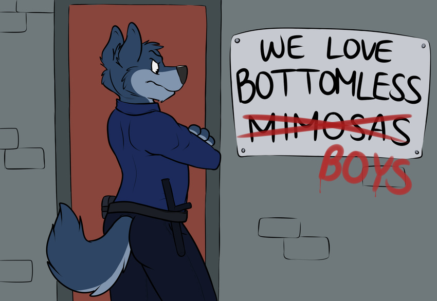 4_fingers anthro belt black_nose blue_fur blue_hair blue_tail bobbie butt canine cheek_tuft clothed clothing countershade_face countershade_tail countershading crossed_arms digital_media_(artwork) door english_text eyebrows fully_clothed fur furgonomics graffiti hair male mammal multicolored_fur nightstick pants police portrait rotten_robbie short_hair side_view sign solo standing story story_in_description text three-quarter_portrait tuft two_tone_fur two_tone_tail wolf