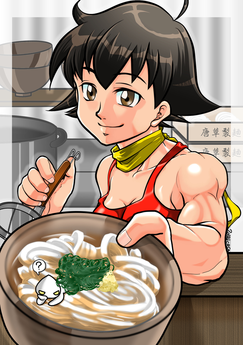 absurdres ahoge black_hair bowl bra breasts brown_eyes casa choker cleavage commentary_request food highres ladle looking_at_viewer makoto_(street_fighter) medium_breasts muscle muscular_female noodles reaching_out red_bra ribbon_choker short_hair smile solo sports_bra street_fighter street_fighter_iii_(series) tomboy underwear