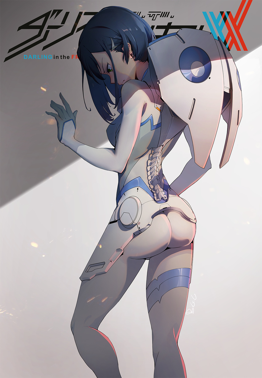 ass big.c blue_hair bodysuit copyright_name darling_in_the_franxx green_eyes hair_ornament hairclip highres ichigo_(darling_in_the_franxx) looking_down pilot_suit short_hair solo spine white_bodysuit