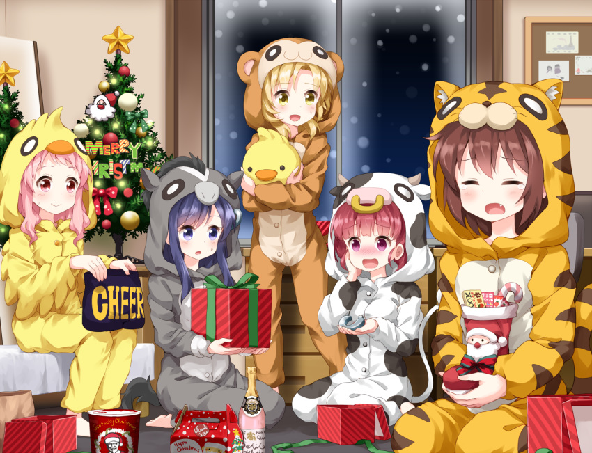 5girls :d anima_yell! animal_costume animal_print arima_hizume blonde_hair blush bottle box brown_hair chick_costume christmas christmas_stocking christmas_tree colonel_sanders commentary_request costume cow_costume d: eyebrows_visible_through_hair eyes_closed fang gift gift_box hand_on_own_cheek hatoya_kohane hood hood_up indoors long_hair monkey_costume multiple_girls night nose_blush open_mouth pink_hair purple_eyes purple_hair red_eyes red_hair ruu_(tksymkw) sawatari_uki seiza short_hair sitting smile star stuffed_chicken tatejima_kotetsu tears tiger_costume tiger_print ushiku_kana yellow_eyes