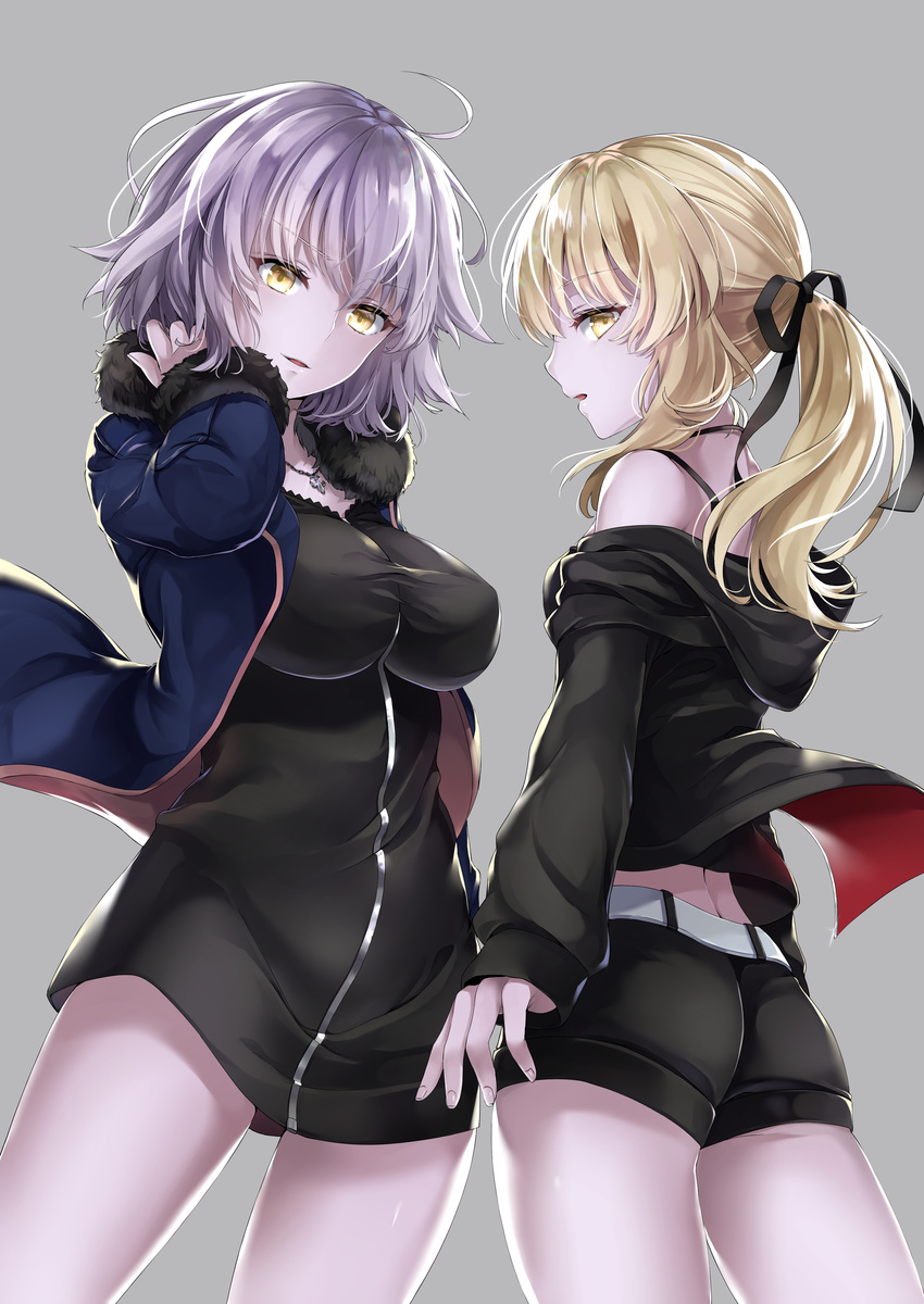 absurdres artoria_pendragon_(all) ass belt black_dress black_jacket black_ribbon black_shorts blonde_hair blue_jacket breasts commentary_request covered_nipples cowboy_shot dress fate/grand_order fate_(series) from_below fur_trim grey_background hair_ribbon hand_in_hair hane_yuki highres jacket jeanne_d'arc_(alter)_(fate) jeanne_d'arc_(fate)_(all) jewelry large_breasts long_hair looking_at_viewer looking_back multiple_girls necklace off_shoulder open_clothes open_jacket open_mouth ponytail ribbon saber_alter short_dress short_shorts shorts silver_hair standing wicked_dragon_witch_ver._shinjuku_1999 yellow_eyes
