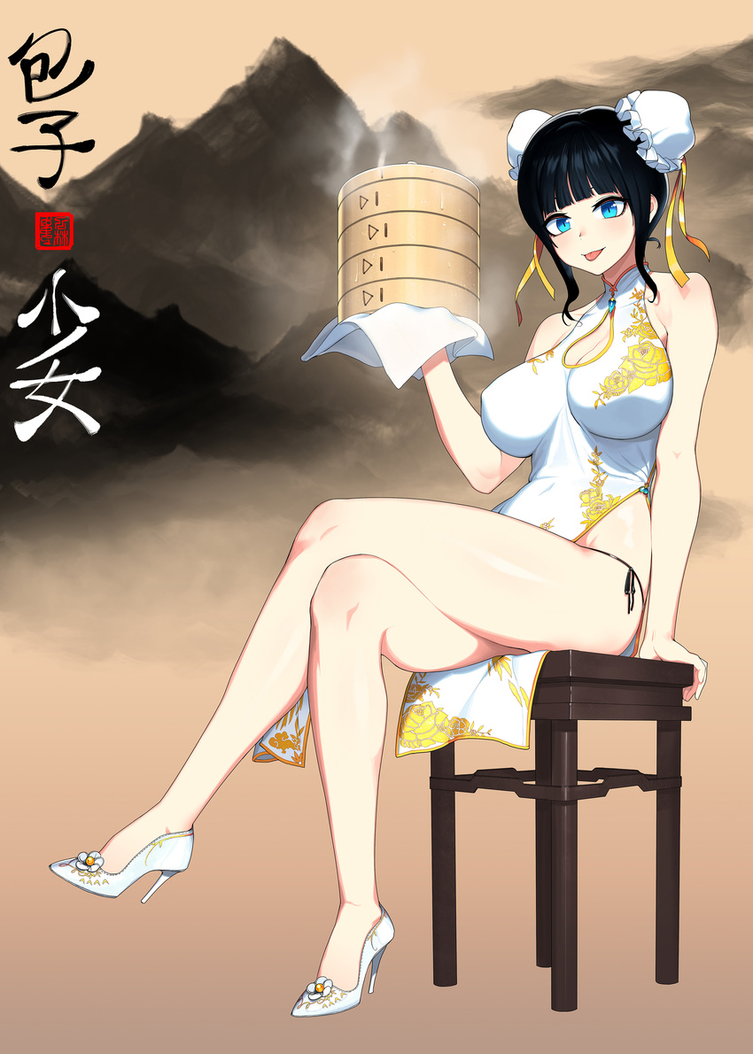 :p absurdres bangs bare_arms bare_shoulders black_hair black_panties black_ribbon blue_eyes blunt_bangs blush box breasts cain_(gunnermul) china_dress chinese_clothes cleavage cleavage_cutout cloth crossed_legs double_bun dress floral_print frills full_body high_heels highres holding holding_box large_breasts looking_at_viewer mountain original panties pelvic_curtain print_dress ribbon rose_print shiny shiny_skin short_hair side-tie_panties sidelocks sitting smile solo steam stool thighs tongue tongue_out underwear water_drop white_dress white_footwear