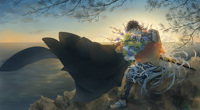 armor bouquet brown_eyes brown_hair cape flower japanese_armor japanese_clothes male_focus mutsu-no-kami_yoshiyuki norishio sandals shore shoulder_armor sitting sode solo sunset touken_ranbu tree