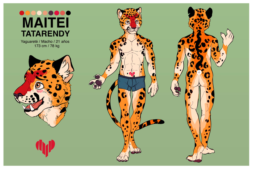 &lt;3 anthro boxers_(clothing) butt clothing edesk facial_markings feline hi_res jaguar looking_at_viewer maitei male mammal markings model_sheet nude pawpads paws smile solo spanish tattoo toes underwear
