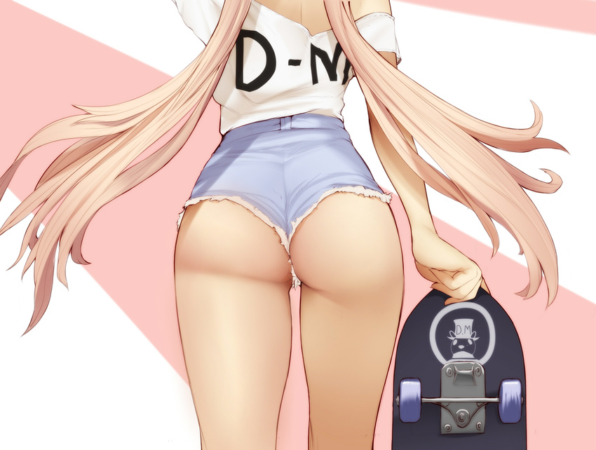 ass blonde_hair blue_shorts clothes_writing cutoffs facing_away from_behind highres holding long_hair lower_body milk-doll multicolored_hair original shirt short_sleeves shorts skateboard solo standing thighs twintails two-tone_hair very_long_hair white_shirt