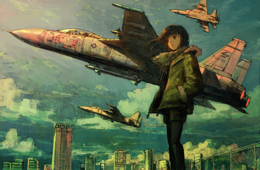 aircraft airplane black_eyes black_hair blue_sky building calligraphy_brush_(medium) chain-link_fence city cloud coat fence fighter_jet fur_trim hands_in_pockets hood hooded_jacket jacket jet long_hair military military_vehicle millipen_(medium) original scarf sky texture tokunaga_akimasa traditional_media weapon_request