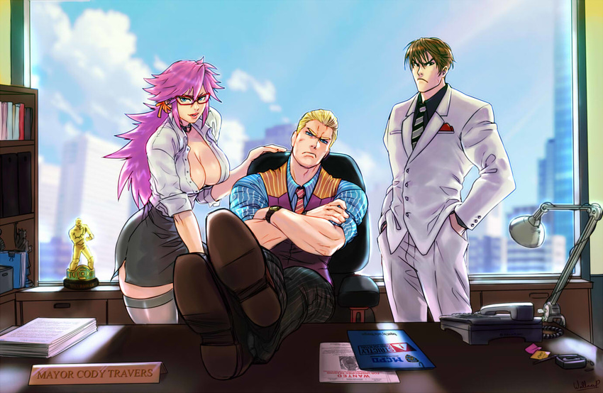 2boys alternate_costume bad_end breasts brown_hair city cleavage cody_travers commentary crossed_arms final_fight formal frown gai_(final_fight) hair_slicked_back hands_in_pockets large_breasts looking_at_viewer mike_haggar multiple_boys office poison_(final_fight) smile street_fighter street_fighter_v thighhighs waistcoat wallace_pires watch window wristwatch