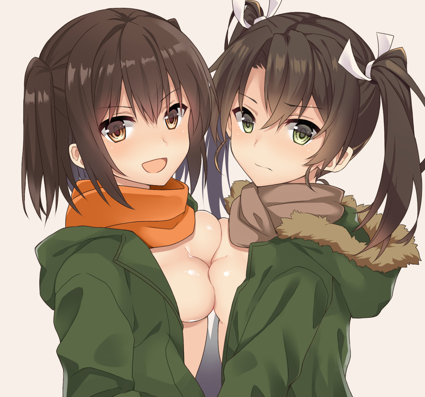 :d alternate_costume bad_anatomy beige_background black_hair breast_press breasts brown_eyes brown_hair cleavage commentary green_eyes hair_between_eyes kantai_collection long_hair long_sleeves looking_at_viewer multiple_girls naked_coat no_bra no_shirt open_mouth orange_scarf scarf sendai_(kantai_collection) short_hair simple_background small_breasts smile symmetrical_docking twintails two_side_up yuzuttan zuikaku_(kantai_collection)