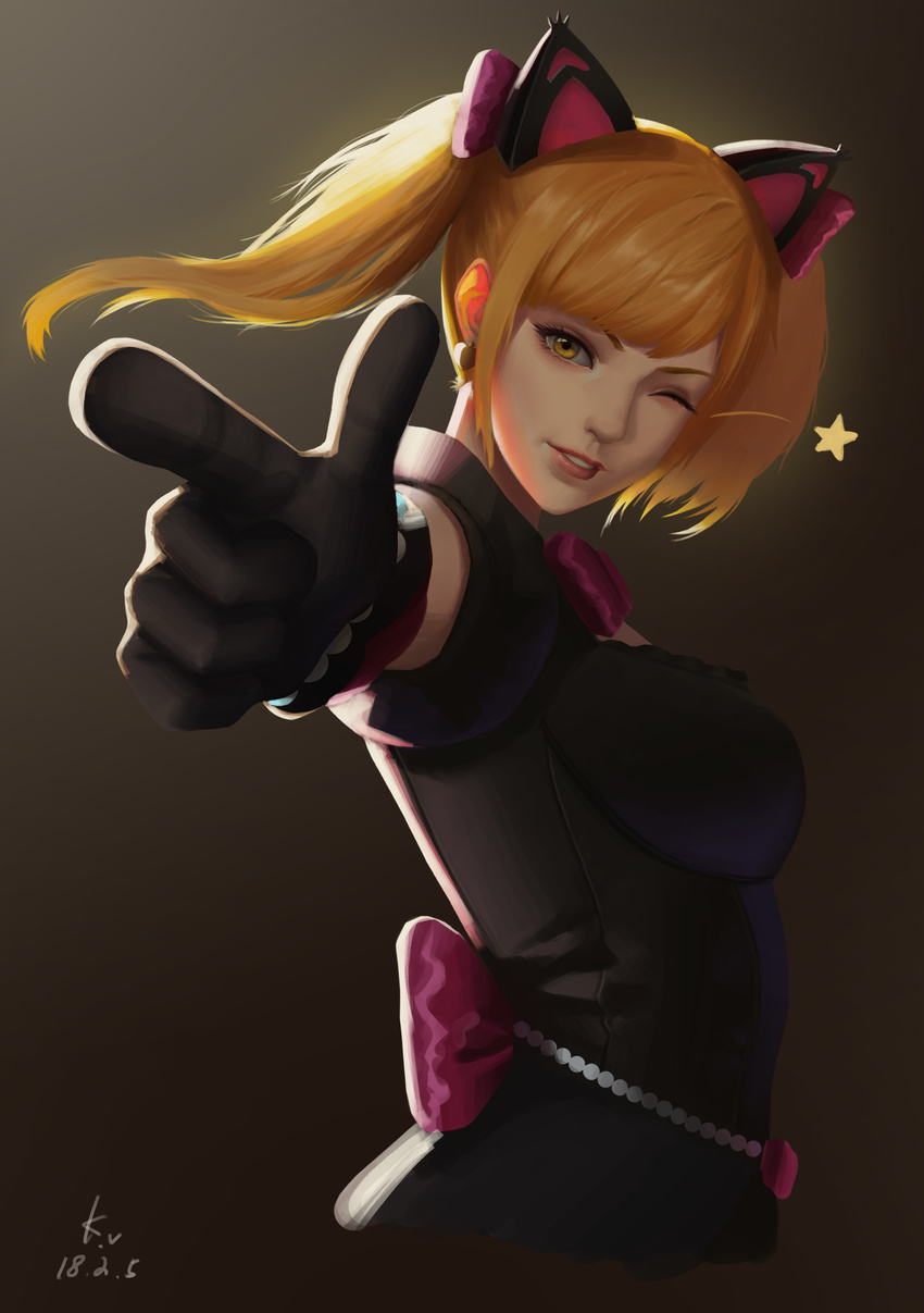 absurdres alternate_costume animal_ears artist_name backlighting black_cat_d.va black_dress black_gloves blonde_hair bow bowtie breasts brown_background brown_eyes cat_ears d.va_(overwatch) dated dress finger_gun gloves highres kv--_(310255704) lolita_fashion looking_at_viewer medium_breasts medium_hair one_eye_closed overwatch parted_lips pink_bow pink_lips pointing pointing_at_viewer puffy_short_sleeves puffy_sleeves short_sleeves signature smile solo star twintails upper_body