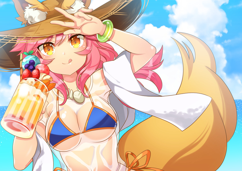 :q animal_ears bikini bikini_top blue_bikini blue_sky breasts cleavage cloud cloudy_sky commentary day fate/extra fate/grand_order fate_(series) fox_ears fox_tail hat holding horizon jewelry large_breasts long_hair looking_at_viewer mozzarella necklace ocean orange_eyes parfait pink_hair see-through shirt sky smile solo straw_hat sun_hat swimsuit t-shirt tail tamamo_(fate)_(all) tamamo_no_mae_(swimsuit_lancer)_(fate) tongue tongue_out
