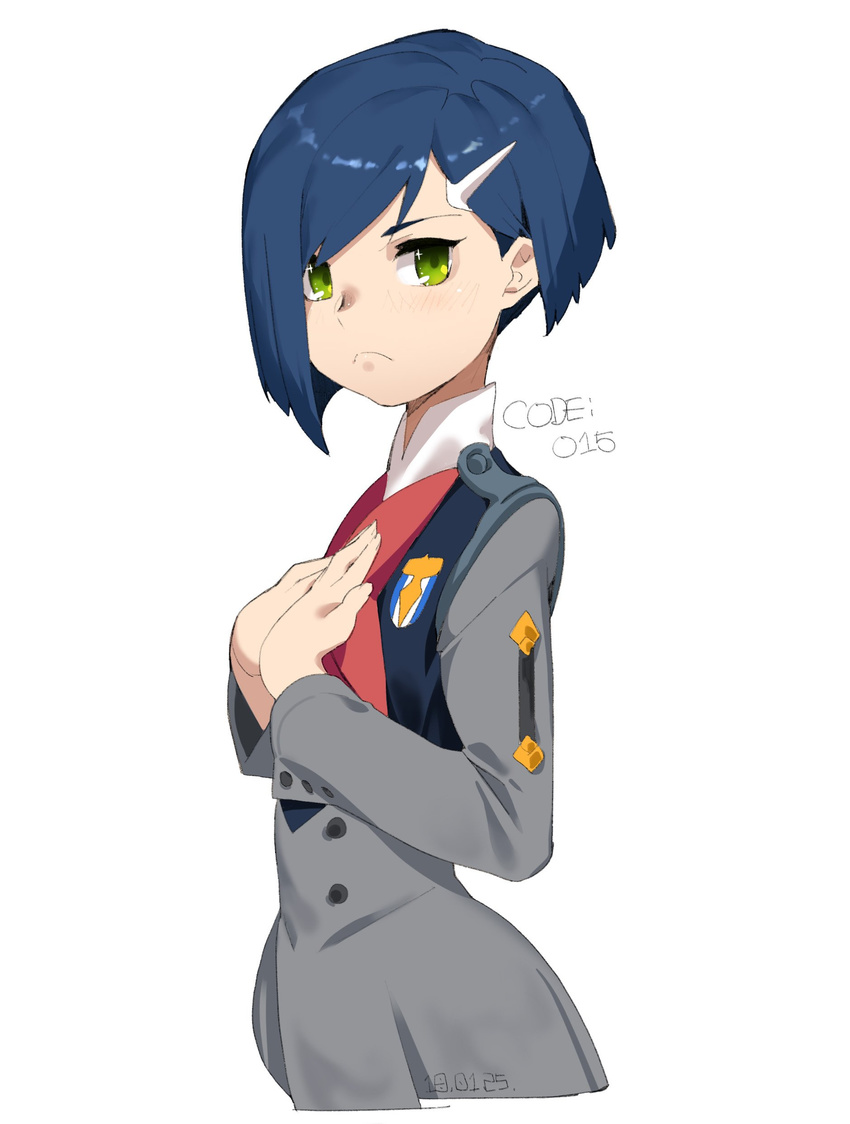 absurdres blue_hair closed_mouth commentary_request darling_in_the_franxx from_side green_eyes hair_ornament hair_over_one_eye hairclip hands_on_own_chest highres ichigo_(darling_in_the_franxx) lolisystem looking_at_viewer military military_uniform pout short_hair solo uniform