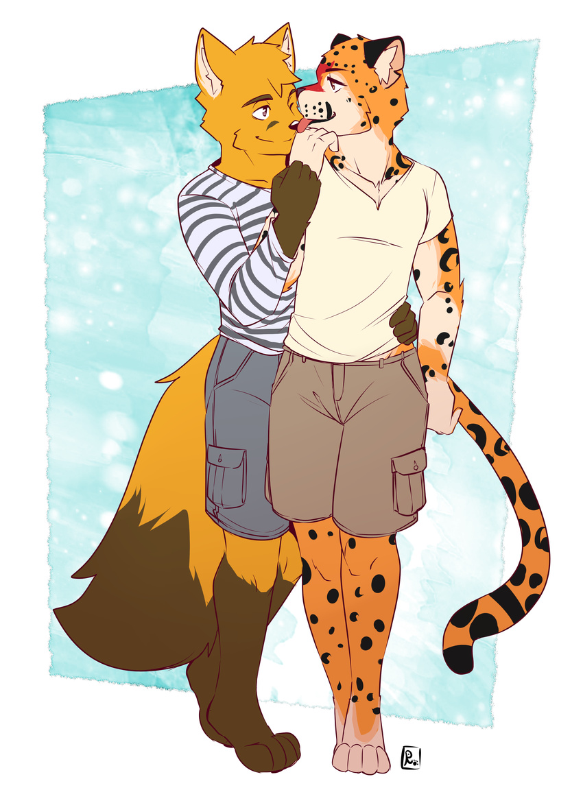 canine clothing couple_(disambiguation) facial_markings feline fluffy fluffy_tail fox hug jaguar licking maitei maki-dogville male male/male mammal markings shawn_loun shorts smile standing tongue tongue_out