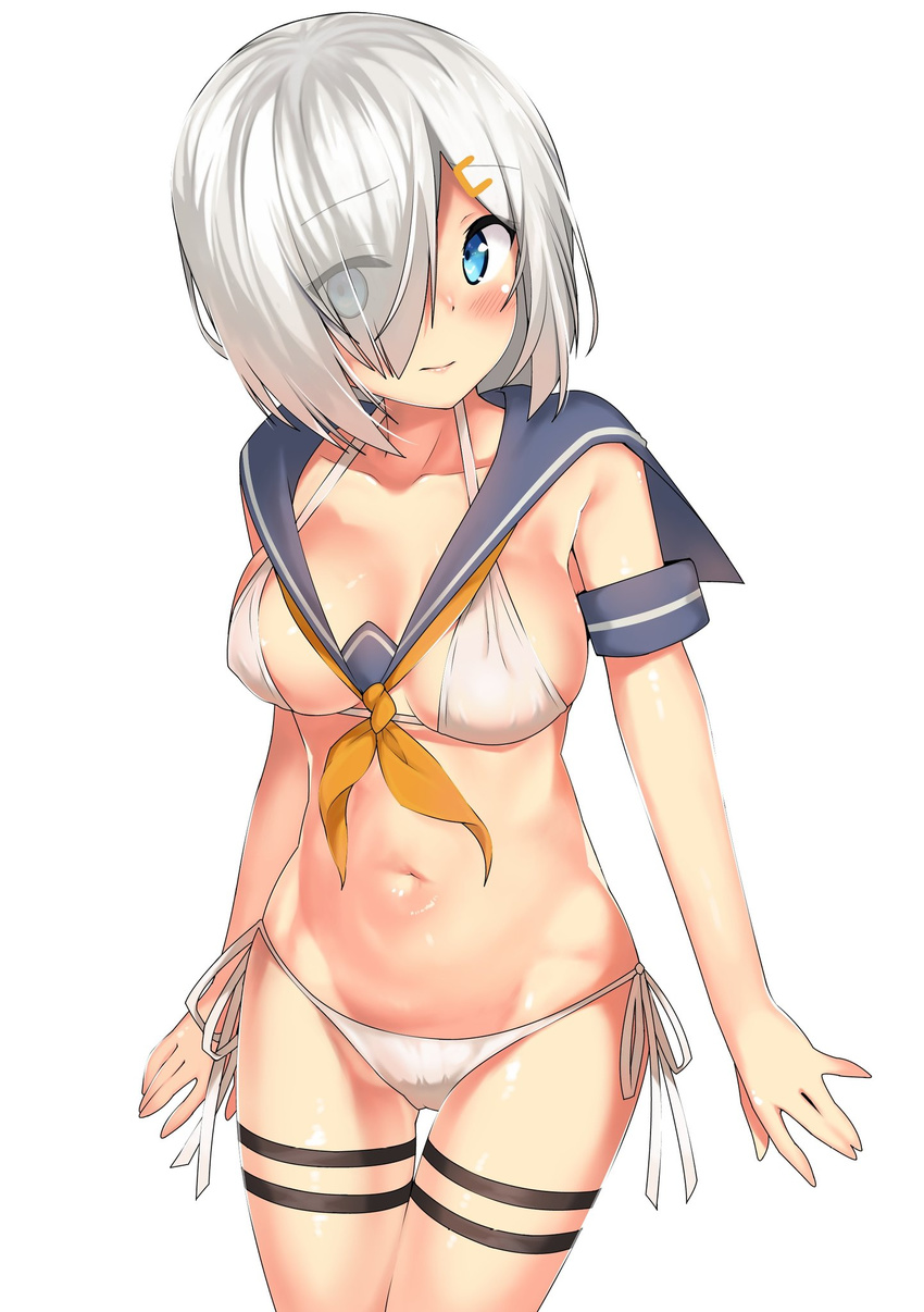 blue_eyes blush bra breasts cleavage cowboy_shot detached_sleeves eyes_visible_through_hair hair_ornament hair_over_one_eye hairclip hamakaze_(kantai_collection) highres kantai_collection looking_at_viewer medium_breasts navel neckerchief panties sailor_collar short_hair side-tie_panties source_request standing thigh_gap thigh_strap underwear white_background white_bra white_hair white_panties