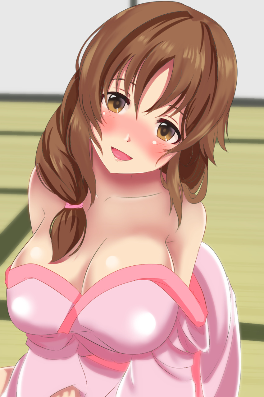 absurdres alternate_costume alternate_hairstyle bare_shoulders blush breasts brown_eyes brown_hair cleavage commentary_request drunk hair_over_shoulder highres idolmaster idolmaster_cinderella_girls japanese_clothes kimono large_breasts long_hair looking_at_viewer noizou_(zatuo008) open_mouth smile totoki_airi yukata