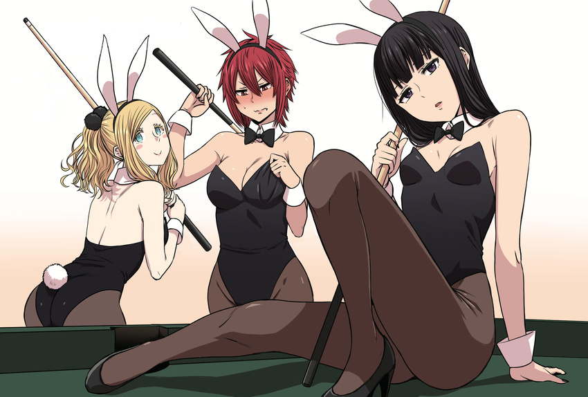 aizawa_tomo animal_ears ass billiards black_hair blonde_hair blush bow bowtie breasts bunny_ears bunny_tail bunnysuit carol_olston cue_stick fang fang_out gundou_misuzu highres long_hair multiple_girls official_art pantyhose ponytail pool_table red_hair short_hair tail tomo-chan_wa_onna_no_ko yanagida_fumita