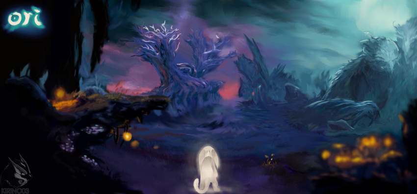 anthro cloud dark detailed_background digital_media_(artwork) fur grass guardian_spirit kirino03 mammal night nude ori ori_and_the_blind_forest outside sky solo standing tree video_games white_fur