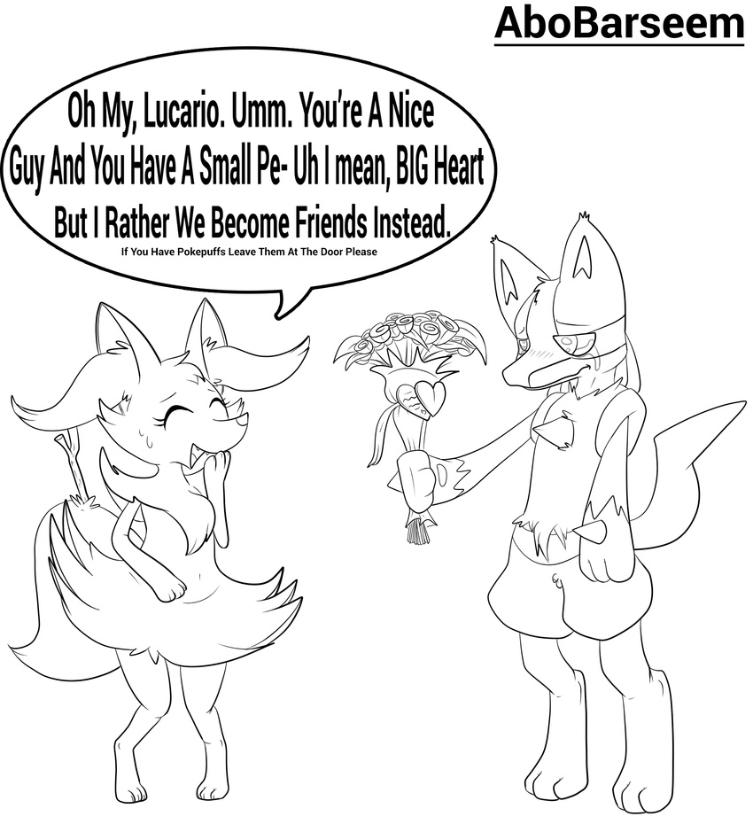 abobarseem braixen crying embarrassed flower holidays lucario nintendo penis plant pok&eacute;mon pok&eacute;mon_(species) rejected shy small_penis sweat tears text valentine's_day video_games