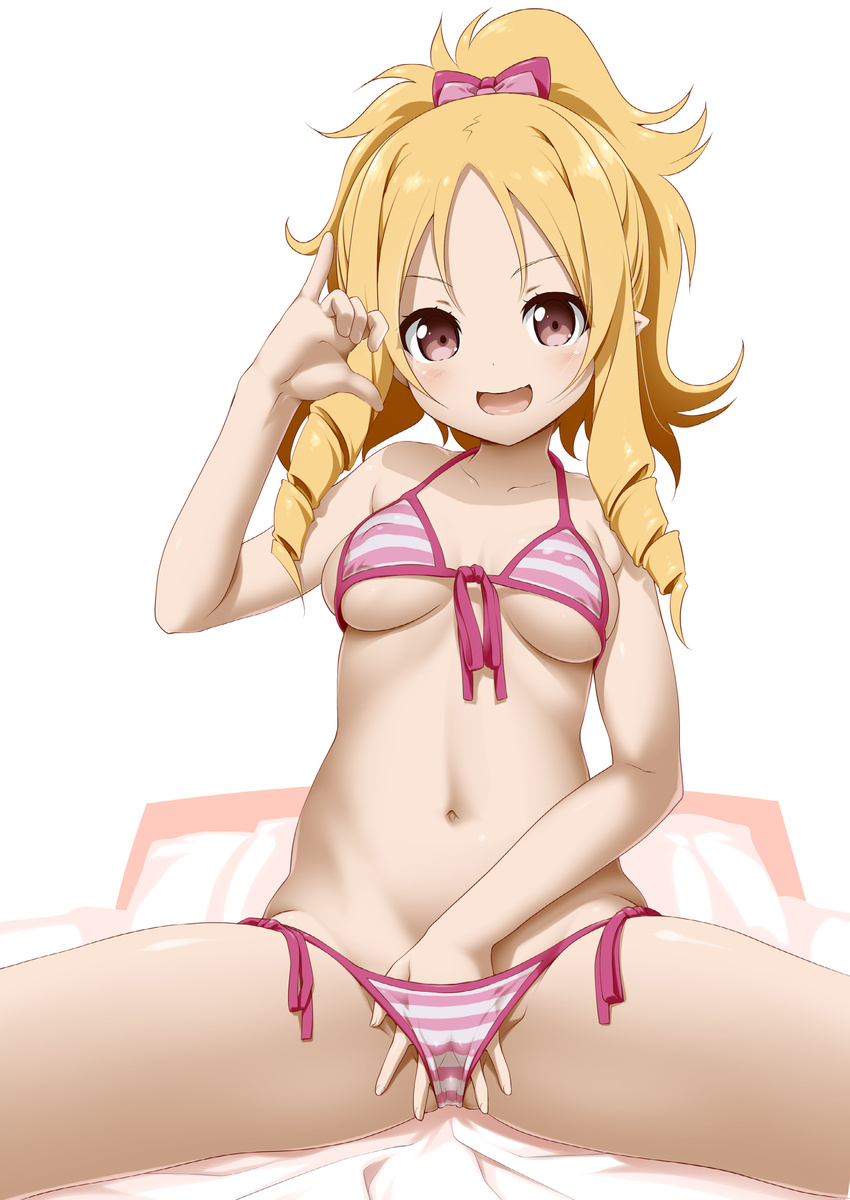 :d absurdres akazawa_red bikini blonde_hair blush bottle bow breasts brown_eyes cleavage collarbone cowboy_shot drill_hair eromanga_sensei front-tie_bikini front-tie_top hair_bow hand_under_clothes hand_under_swimsuit highres long_hair looking_at_viewer lube medium_breasts navel open_mouth pink_bikini pink_bow pinky_out pointy_ears ponytail pouring rating red_bow ringlets side-tie_bikini sitting smile solo spread_legs striped striped_bikini swimsuit swimsuit_pull yamada_elf