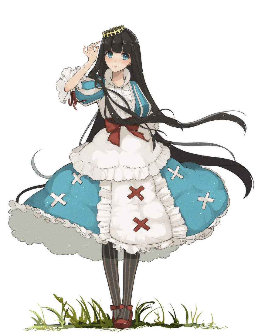 bangs black_hair blue_dress blunt_bangs bow crown dress frilled_dress frills full_body grass highres hrmnas long_hair marchen pantyhose puffy_short_sleeves puffy_sleeves red_bow red_ribbon ribbon schneewittchen short_sleeves solo sound_horizon striped striped_legwear very_long_hair