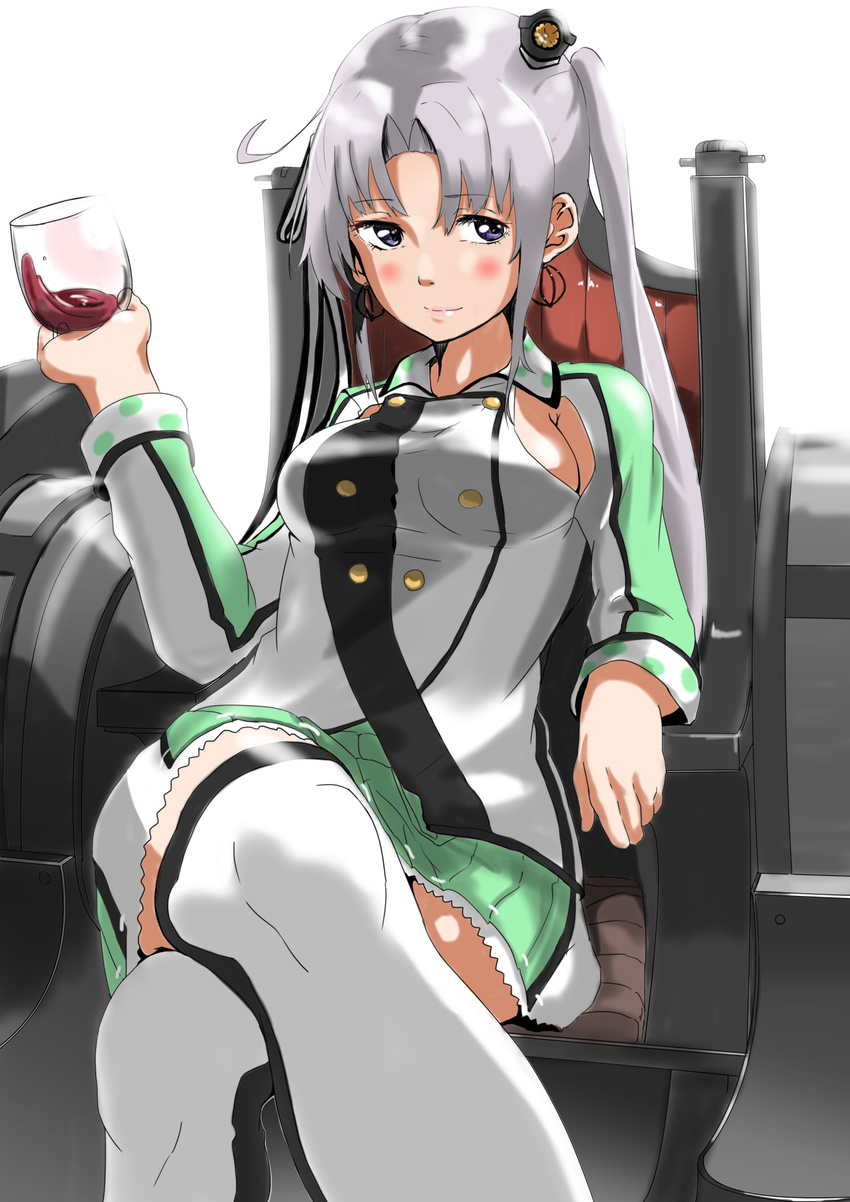 akitsushima_(kantai_collection) alcohol armor blush breasts closed_mouth commentary_request cup drinking_glass eyebrows_visible_through_hair grey_hair hair_ornament highres jacket kantai_collection long_hair looking_at_viewer medium_breasts miniskirt ponytail purple_eyes red_wine simple_background skirt solo tama_(seiga46239239) thighhighs throne turret whine white_background wine_glass