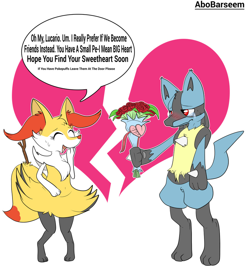 abobarseem balls blush braixen crying denied embarrassed flower holidays humiliation lucario micro_balls micropenis nintendo penis plant pok&eacute;mon pok&eacute;mon_(species) rejected shy small_balls small_penis small_penis_humiliation sweat tears text valentine's_day video_games