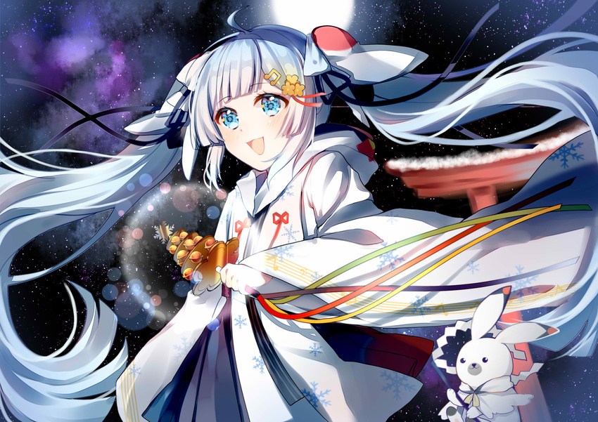 :d absurdres ahoge animal black_ribbon blue_eyes blue_hair bunny clothed_animal eyebrows_visible_through_hair floating_hair hair_ornament hair_ribbon hatsune_miku highres holding kakami_(pixiv7616827) long_hair moon musical_note_hair_ornament night open_mouth outdoors ribbon sky smile snow standing star_(sky) starry_sky torii twintails very_long_hair vocaloid yuki_miku yukine_(vocaloid)