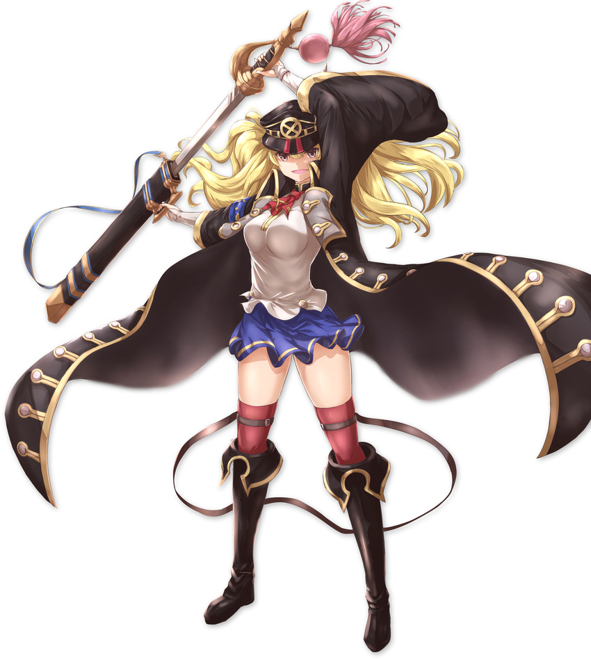 absurdres blonde_hair boots breasts commentary_request granblue_fantasy hat highres large_breasts long_hair monica_weisswind open_mouth peaked_cap red_legwear sakaokasan school_uniform simple_background skirt solo sword thighhighs weapon