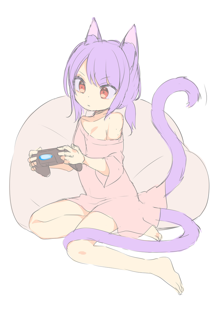 absurdres animal_ears bangs bare_shoulders barefoot cat_ears cat_girl cat_tail closed_mouth controller dress eyebrows_visible_through_hair game_controller hair_between_eyes highres holding long_sleeves nekomata omucchan_(omutyuan) original pink_dress purple_hair red_eyes sketch solo tail v-shaped_eyebrows white_background