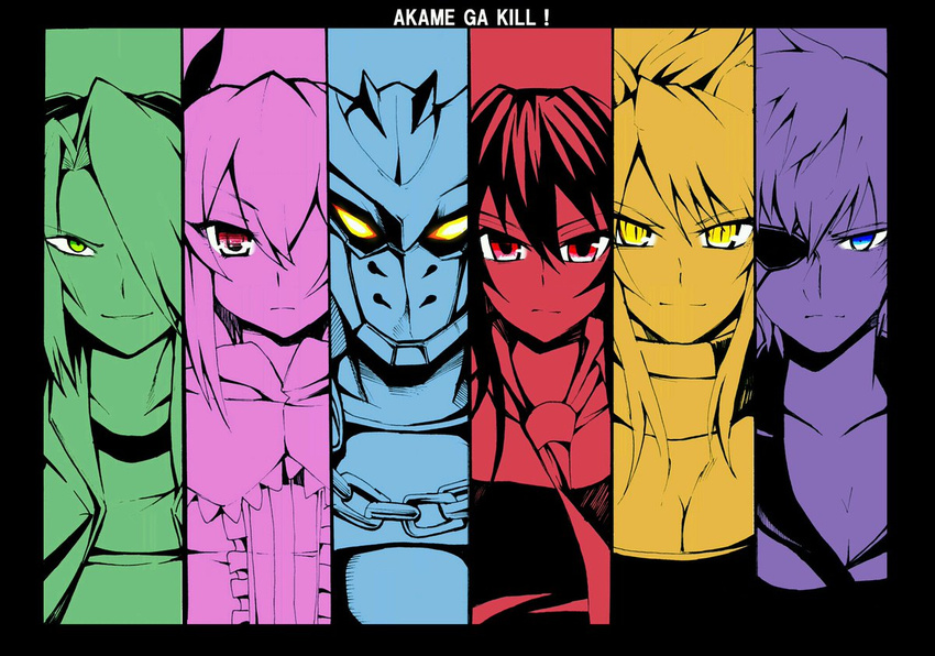 2boys 4girls akame akame_ga_kill! armor breasts chains cleavage eyepatch formal googles green_eyes large_breasts leone long_hair looking_at_viewer lubbock mine_(akame_ga_kill!) multiple_boys multiple_girls najenda pink_eyes purple_eyes red_eyes short_hair smile suit tatsumi_(akame_ga_kill!) yellow_eyes