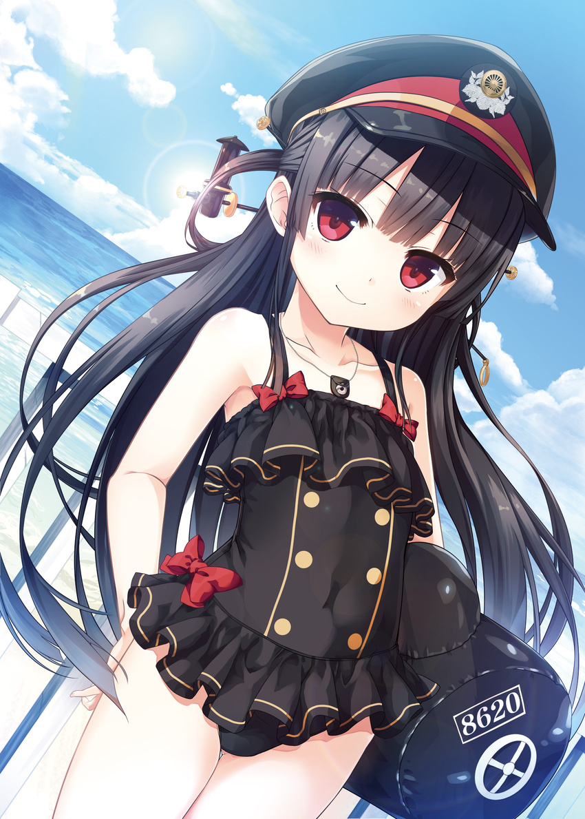 absurdres bangs bare_arms bare_shoulders black_hair black_hat black_swimsuit blue_sky blush bow carrying_under_arm casual_one-piece_swimsuit closed_mouth cloud collarbone commentary_request cura day dutch_angle eyebrows_visible_through_hair fingernails hachiroku_(maitetsu) hair_ornament hair_rings hat highres horns inflatable_toy long_hair looking_at_viewer maitetsu military_hat ocean one-piece_swimsuit outdoors peaked_cap railing red_bow red_eyes sky smile solo sunlight swimsuit very_long_hair water