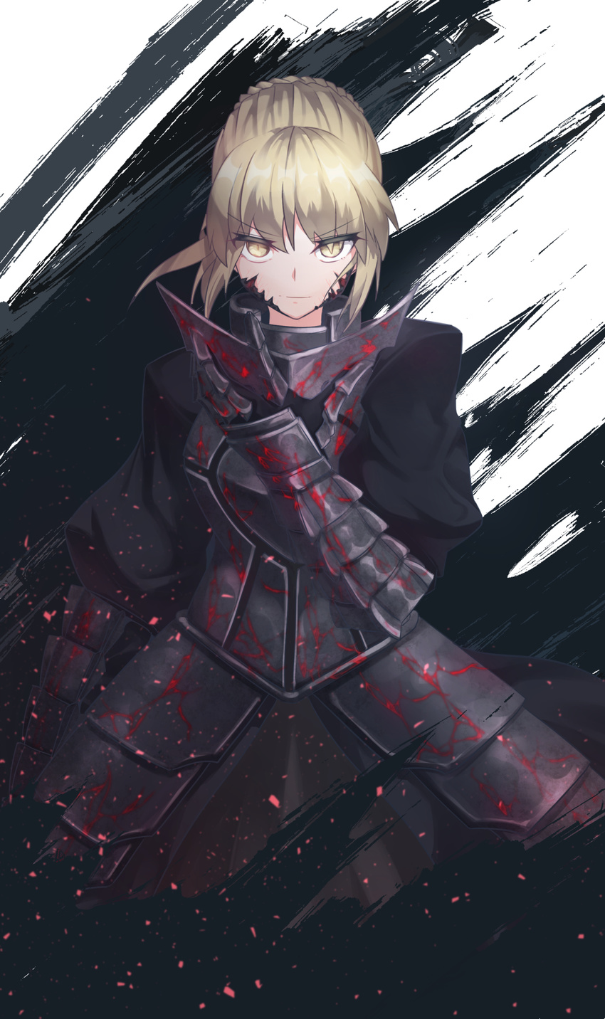 arka91 armor armored_dress artoria_pendragon_(all) black_dress blonde_hair dress eyebrows_visible_through_hair fate/stay_night fate_(series) floating_hair gauntlets highres looking_at_viewer saber_alter sidelocks solo standing yellow_eyes