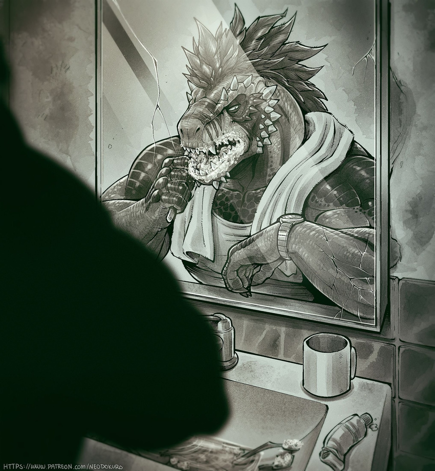 anthro argonian clothing dinosaur hair male mirror muscular muscular_male neodokuro open_mouth scalie shirt solo tagg tank_top teeth the_elder_scrolls toothbrush toothpaste towel video_games watch