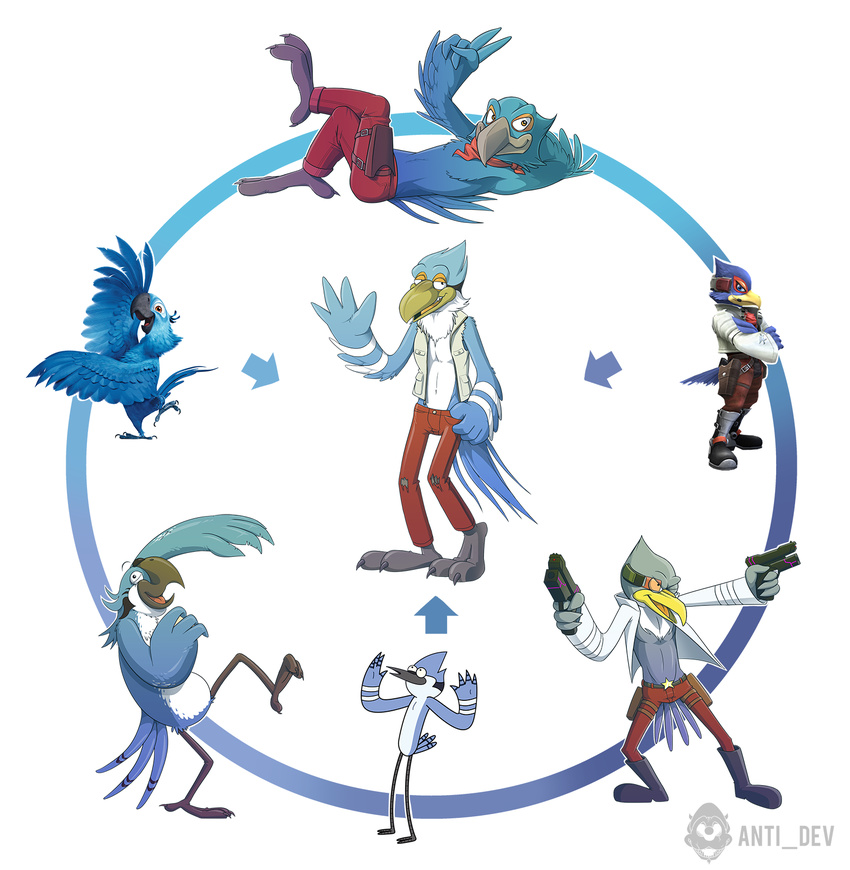 4_fingers anthro anti_dev avian bird blu_(rio) blue_feathers blue_jay blue_macaw boots cartoon_network clothing corvid crossed_arms crossover digital_media_(artwork) falco_lombardi falcon feathers feral footwear fusion group gun handgun hexafusion hi_res hybrid jacket looking_at_viewer lying macaw male mordecai_(regular_show) nintendo official_art pants parrot pose ranged_weapon regular_show rio simple_background star_fox video_games watermark waving weapon white_background