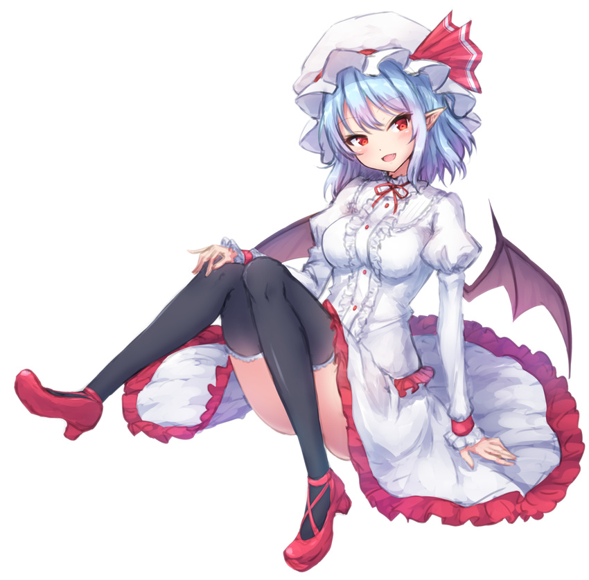 alternate_costume bat_wings black_legwear blue_hair breasts commentary dress eyebrows_visible_through_hair frills full_body hat hat_ribbon head_tilt highres juliet_sleeves junior27016 knees_up long_sleeves looking_at_viewer medium_breasts mob_cap neck_ribbon open_mouth pointy_ears puffy_sleeves red_eyes red_footwear red_ribbon remilia_scarlet ribbon short_hair simple_background sitting smile solo thighhighs touhou white_background white_dress white_hat wings