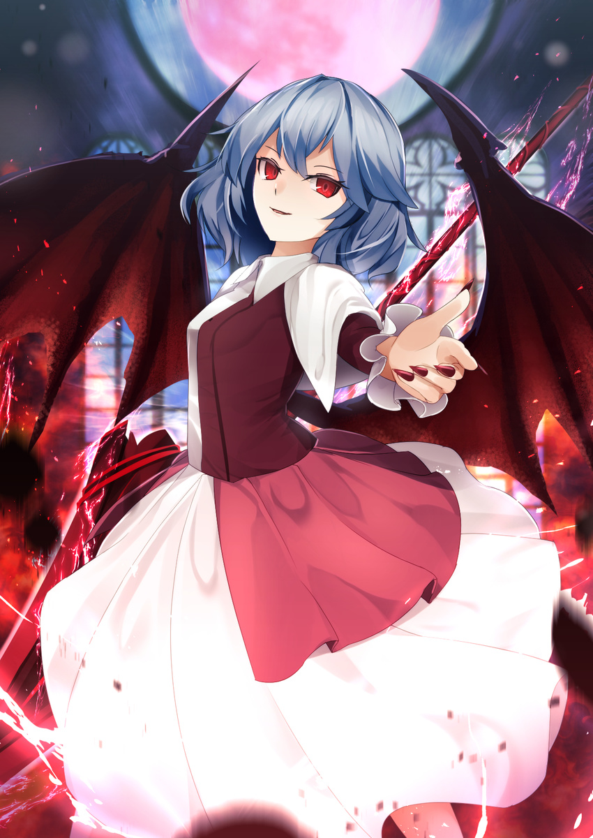 alternate_costume bat_wings blue_hair breasts capelet commentary_request fingernails foreshortening full_moon highres holding indoors looking_at_viewer moon nail_polish no_hat no_headwear outstretched_arm red_eyes red_moon red_nails remilia_scarlet sharp_fingernails sinkai skirt small_breasts smile solo spear_the_gungnir standing touhou white_skirt window wings