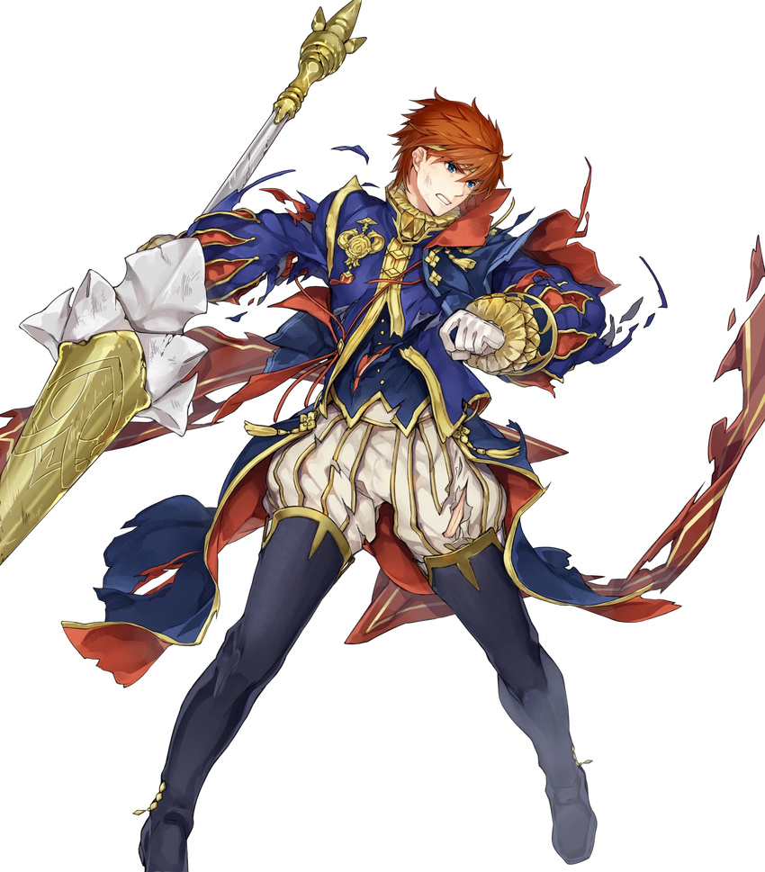 blue_eyes cape eliwood_(fire_emblem) fire_emblem fire_emblem:_rekka_no_ken fire_emblem_heroes full_body highres holding itou_misei male_focus official_art polearm red_hair solo spear torn_clothes transparent_background weapon
