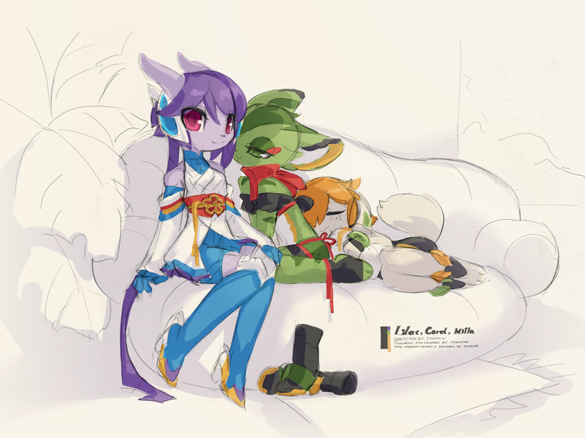 anthro barefoot basset_hound boots canine carol_tea clothed clothing dog dragon feline female footwear freedom_planet freedom_planet_2 fur green_fur hair mammal milla_basset orange_hair purple_hair sash_lilac sitting sketch sleeping text totem.v tysontan video_games wildcat