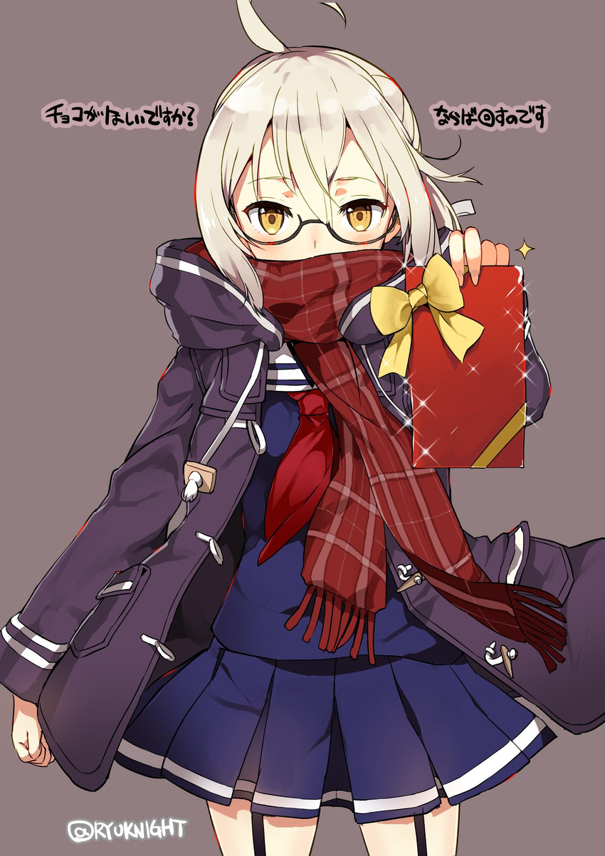 ahoge artoria_pendragon_(all) box coat commentary_request fate/grand_order fate_(series) garter_straps gift gift_box glasses highres holding hooded_coat long_sleeves looking_at_viewer mysterious_heroine_x_(alter) naitou_ryuu pleated_skirt scarf school_uniform serafuku silver_hair simple_background skirt solo sparkle translation_request twitter_username winter_clothes winter_coat yellow_eyes