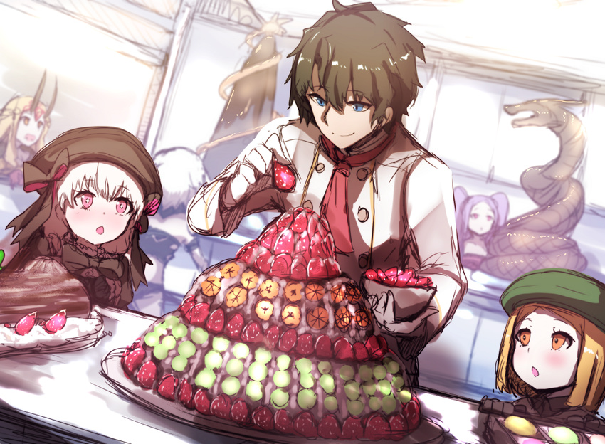 1boy 5girls bad_id bad_pixiv_id bangs beret black_bow black_dress black_hat black_panties blonde_hair blue_eyes blurry blurry_background blush bow bowl brown_eyes brown_hair chef_uniform chestnut_mouth depth_of_field dress dutch_angle eyebrows_visible_through_hair fate/extra fate/grand_order fate_(series) food fruit fujimaru_ritsuka_(male) gloves green_hat hair_between_eyes hat hat_bow holding holding_bowl holding_food holding_fruit horns ibaraki_douji_(fate/grand_order) indoors jack_the_ripper_(fate/apocrypha) jacket long_hair multiple_girls nursery_rhyme_(fate/extra) oni oni_horns panties parted_lips paul_bunyan_(fate/grand_order) pink_eyes purple_eyes purple_hair silver_hair sketch strawberry twintails underwear wada_kazu white_gloves white_jacket wu_zetian_(fate/grand_order)