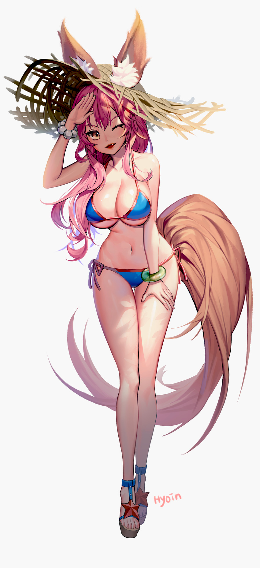 absurdres animal_ears bikini blue_bikini breasts cleavage collarbone doyoom ears_through_headwear fang fate/grand_order fate_(series) fox_ears fox_tail hat highres large_breasts long_hair navel one_eye_closed open_mouth pink_hair sandals side-tie_bikini simple_background solo straw_hat sun_hat swimsuit tail tamamo_(fate)_(all) tamamo_no_mae_(swimsuit_lancer)_(fate) white_background yellow_eyes